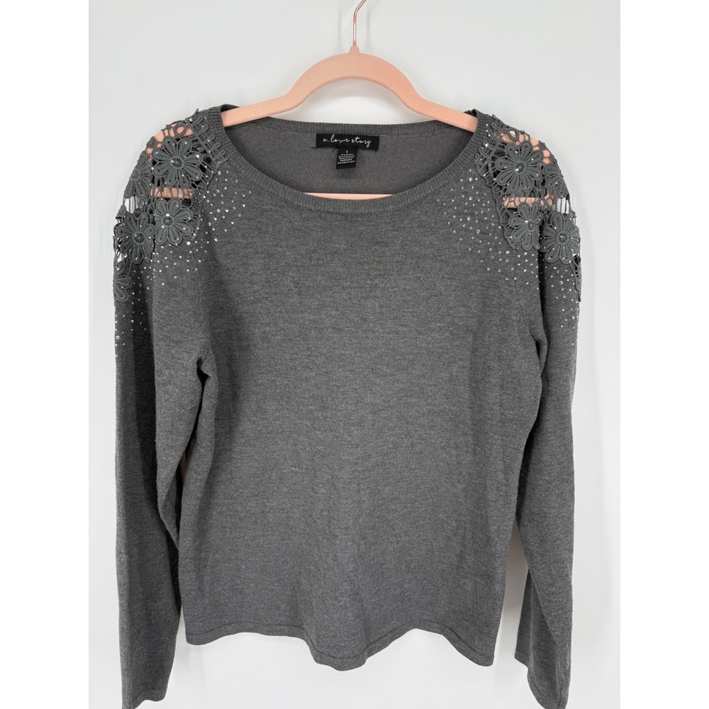 a...love story Sweater Women Large Grey Excellent Lace Shoulder Rhinestone Knit